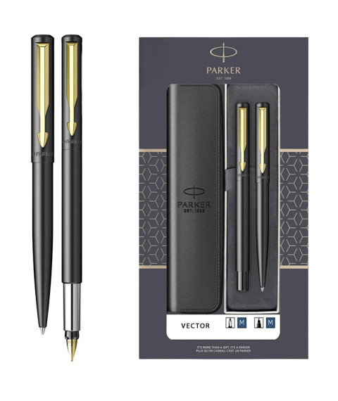 Set Parker Vector Metal Negru CT – stilou + pix, casetă cu fereastră și etui